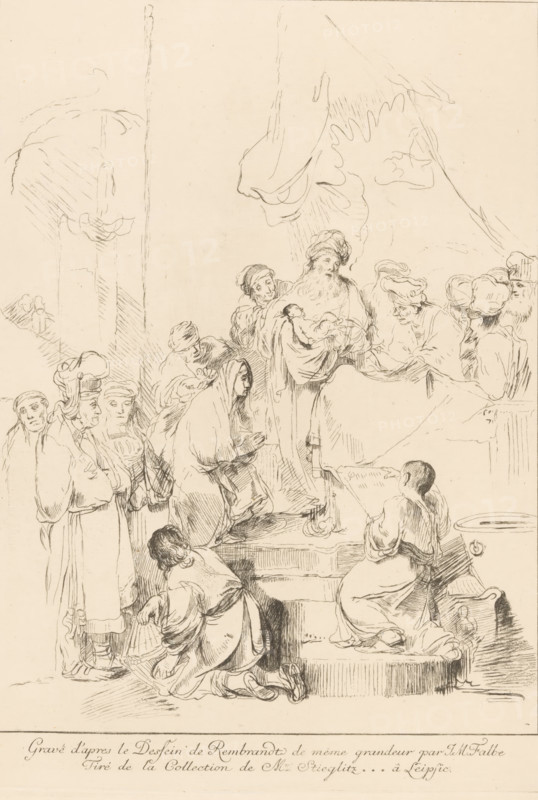 Presentation of Christ in the Temple, print, printmaker: Joachim Martin Falbe, after drawing by Christian Wilhelm Ernst Dietrich, after drawing by Rembrandt van Rijn, 1722 - 1782, paper, etching, height 307 mm x width 237 mm, presentation of the Christ-child in the temple, usually Simeon (and Anna) present (Luke 2:22-39), A detailed pen drawing of a group of people gathered around a raised platform, with a bearded man holding an infant at the center while others stand or kneel nearby; figures wear robes and head coverings, some with turbans and some with hoods, and several people are shown in profile or three-quarter view with varied facial expressions. Draped fabric hangs above the central group, and steps lead up to the platform where a few figures kneel or lean forward. To the lower right a seated figure faces the platform and a basin or large bowl sits nearby. On the left a line of standing figures forms a procession, and at the lower foreground a person bends forward with a basket...