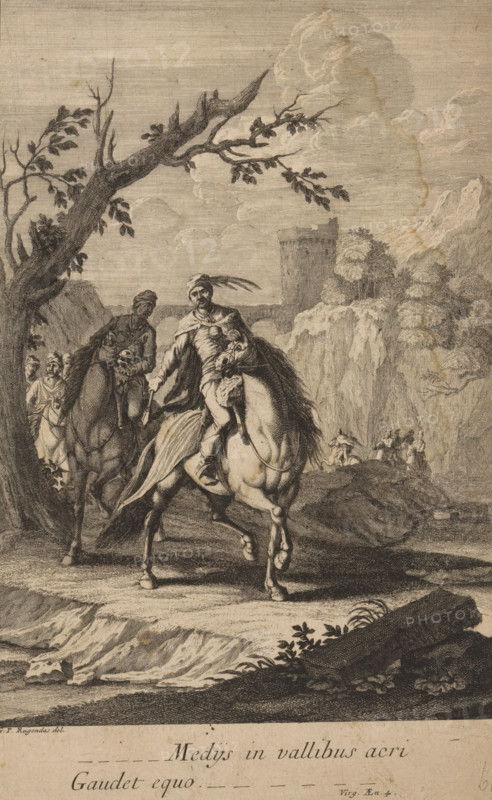 Horsemen passing through the valley, Medijs in vallibus acri Gaudet equo, print, printmaker: Jacob Andreas Fridrich (I), after drawing by Georg Philipp Rugendas (I), publisher: Jeremias Wolf, Augsburg, Holy Roman Empire, 1694 - 1724, unknown, grantor of privilege, Bavaria, paper, engraving, etching, height 292 mm x width 192 mm, Part of a series of prints about the story of Aeneas written by Virgil (Virg. Aen. 4)., riding a horse, ass, or mule, rider, horseman, landscape with ruins, Asiatic races and peoples (costume), A sepia-toned engraving shows two men riding horses along a rocky path under a large branch with sparse leaves; the leading rider wears a cloak and a turban-like head covering with a long feather and sits astride a light-colored horse whose legs and mane are detailed, while the companion behind him rides a darker horse and wears a draped garment and headwrap; in the background a group of additional riders appears near a cliffside with trees and a tall tower set against a...