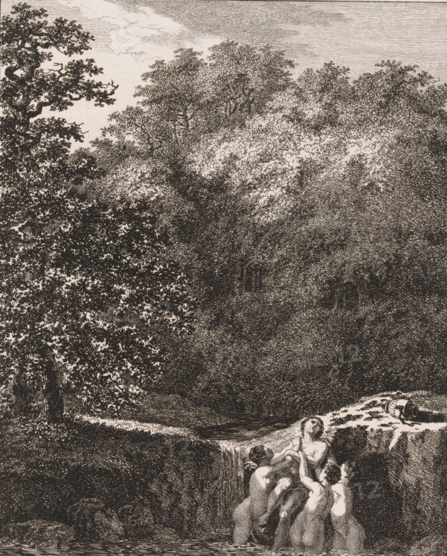 Hylas abducted by the nymphs, Landscapes with mythological figures, print, Series number, 10, printmaker: Salomon Gessner, 1771, paper, etching, height 240 mm x width 190 mm, forest, wood, Hylas abducted by the nymphs whilst fetching water, A densely shaded forest scene fills most of the image with tall, leafy trees and textured undergrowth, their branches and foliage rendered in fine, dark lines against a lighter sky; near the lower right a group of nude figures stand waist-deep in water, their bodies clustered together as they reach toward and support a reclining figure on a rocky ledge where a small waterfall flows over the edge; on the ledge beside the reclining figure lies a cylindrical object.