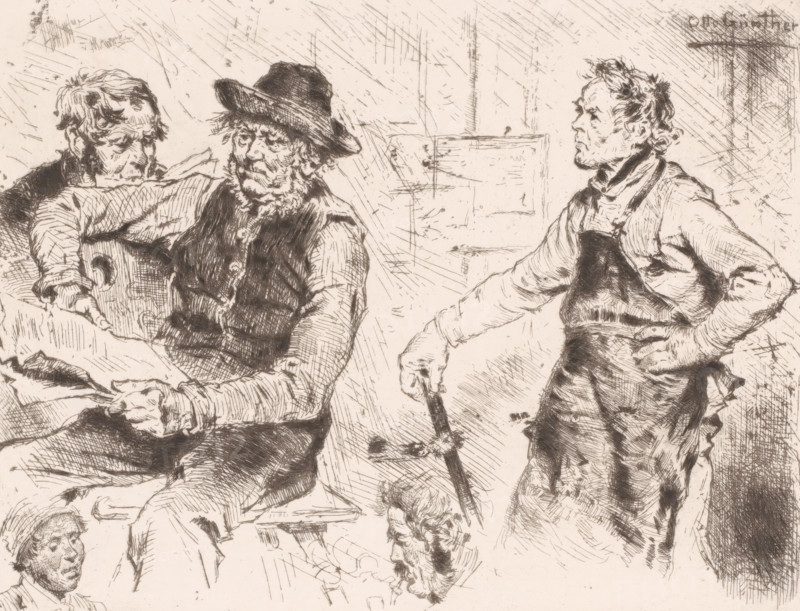 Study sheet with male figures and heads, print, printmaker: Otto Günther-Naumburg, publisher: Weimarer Radierverein, Weimar, 1880 - 1887, Thuringia, paper, chine collé, etching, drypoint, height 184 mm x width 236 mm, Print is part of a group of prints published between 1880 and 1888 by the Gesellschaft für Radierkunst in Weimar., adult man, reading, A monochrome sketch shows three standing men and parts of two seated figures rendered with fine crosshatching and varied line work; one man wears a hat and has a beard and vest while holding a folded cloth, another man stands facing him with a hand on his hip and an apron tied around his waist, and a third older man leans forward with his head bowed and hands near the cloth; the background is filled with diagonal hatch marks and simple architectural lines, and additional partial faces and hands appear around the lower edges.