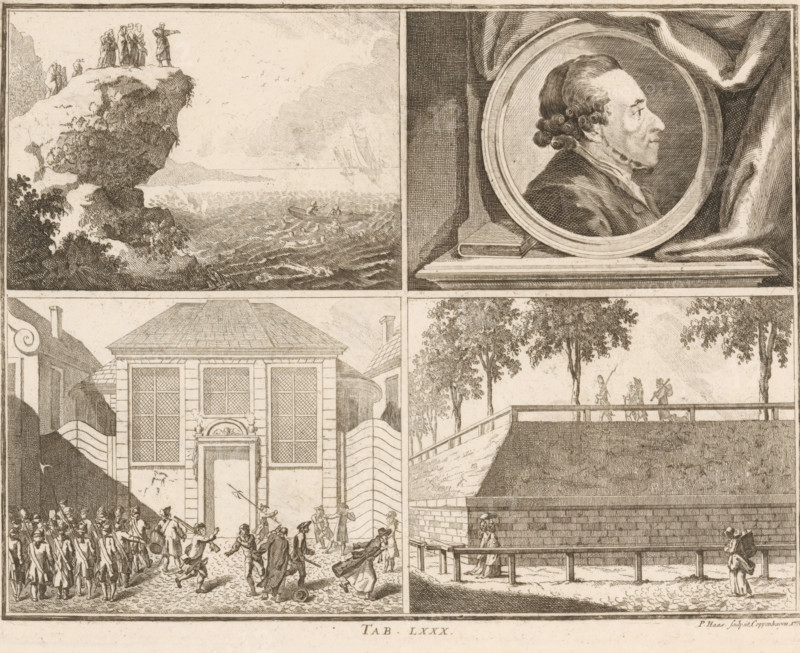 Four illustrations from Basedow's Elementarwerk, print, book illustration, With caption: Tab. LXXX., printmaker: Peter Haas, Copenhagen (city), 1774, Peter Haas, printmaker, paper, etching, height 181 mm x width 230 mm, A large engraved plate divided into panels showing various scenes: a coastal cliff with figures standing at the edge overlooking a choppy sea where small rowboats and sailing ships are visible, surrounded by clouded sky; a circular framed profile portrait of a man with curled hair set against draped fabric and resting on a shelf with a book; a street scene in front of a building with tall windows where many armed figures march and others run or fall in disorder on a cobbled ground; an elevated walkway or rampart lined with trees where small groups of people carry bundles and walk along a parapet; and a lower riverside or quay area with a man sitting under a shelter and another standing nearby, all rendered in fine line engraving.