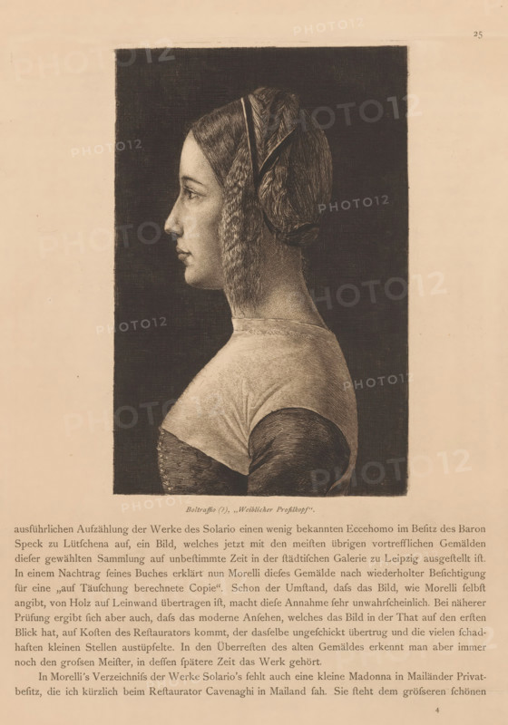 Portrait of an unknown woman, print, book illustration, printmaker: Peter von Halm, after design by Giovanni Antonio Boltraffio (possibly), 1864 - 1923, paper, etching, letterpress printing, wood engraving, etching and wood engraving with letterpress text on recto and verso, height 182 mm x width 123 mm, height 404 mm x width 302 mm, Page 25-26 of an unknown edition., anonymous historical person portrayed - BB - woman, A monochrome engraved portrait of a woman shown in strict profile against a dark rectangular background, her hair styled smooth and pulled back with a braided lock and a decorative band, a textured curtain of curled hair at her cheek, a high forehead, straight nose, and closed lips, she wears a rounded neckline garment with fitted sleeves and a visible seam at the bodice, the portrait is set on a pale page with printed text beneath and margins around the image.