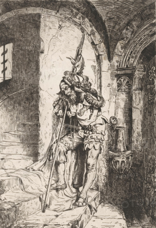 Sleeping soldier leaning against his halberd on a staircase, print, printmaker: Edmund Herger, publisher: Weimarer Radierverein, Weimar, 1880 - 1888, Thüringen, paper, chine collé, etching, intaglio printmaking technique, height 258 mm x width 182 mm, Print is part of a group of prints published between 1880 and 1888 by the Gesellschaft für Radierkunst in Weimar., knight, sleeping, unconsciousness, helved weapons, polearms (for striking, hacking, thrusting): halberd, staircase, A detailed ink drawing of a man in ornate period clothing standing in an arched stone interior; he leans on a long staff and rests his head against his hand, wearing a plumed hat with layered fabric and a braided element around his shoulders, a ruffled collar, puffed sleeves, and fitted breeches with decorative slashes and padded detailing. The surrounding architecture shows heavy stone arches, carved column capitals, and a recessed doorway with textured masonry; a draped cloak or fabric trails on the steps bene...