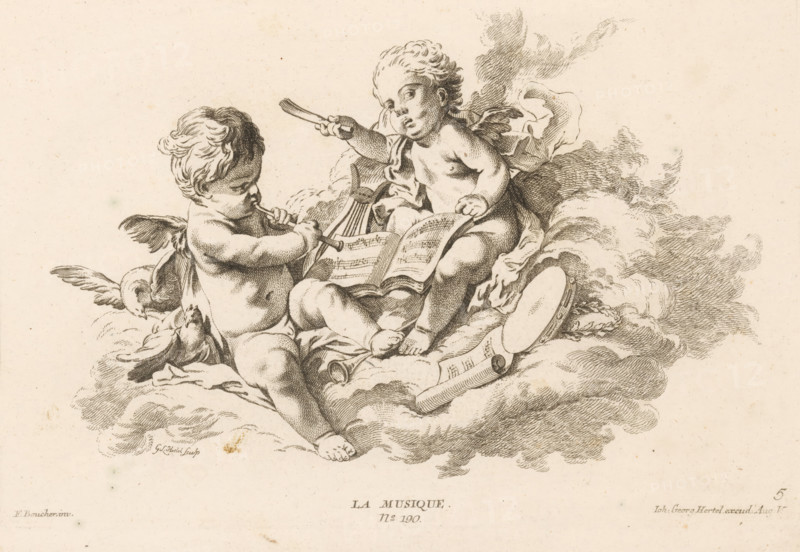Music, La Musique, Livre des Arts, print, ornament print, Series number, 5, 6, Allegory of music. Two putti making music surrounded by sheet music and musical instruments. Publisher number 190., printmaker: Georg Leopold Hertel, after design by François Boucher, publisher: Johann Georg Hertel (I), Augsburg, 1750 - 1778, Bavaria, paper, etching, engraving, height 201 mm x width 298 mm, cupids: 'amores', 'amoretti', 'putti', 'Musica', symbolic representations, allegories and emblems, A detailed ink drawing of two winged cherubic children seated on billowing clouds, one child holding a slender flute to their lips while the other gestures with a thin baton toward an open musical book resting between them; the children have curled hair, soft rounded features, and small feathered wings, and are partially draped with flowing cloth; surrounding them are stylized clouds rendered with fine crosshatching, a small round drum lies near the open book, and a lyre shape is visible behind the book, wit...