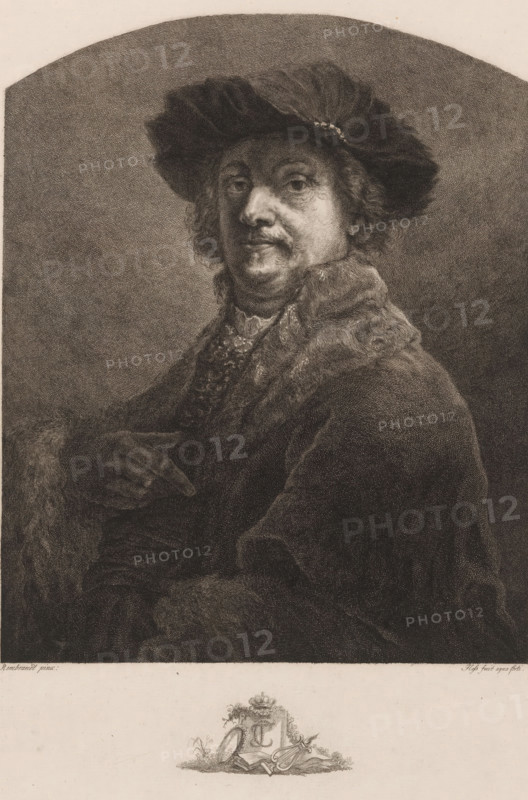 Portrait of Rembrandt van Rijn, print, printmaker: Carl Ernst Christoph Hess, after painting by Rembrandt van Rijn, 1765 - 1828, paper, etching, height 339 mm x width 225 mm, Person, historical persons, portrait, self-portrait of painter, the liberal arts, 'Artes Liberales', A monochrome engraved portrait of a middle-aged person shown from the torso up, wearing a wide, soft hat with a decorative band and a heavy fur-lined cloak, the face turned slightly toward the viewer with a neutral expression, curly hair visible under the hat, one gloved hand resting near the chest, detailed fur texture on the collar and cuffs, a softly shaded rounded background framing the figure, and a small decorative emblem with floral and ornamental elements centered below the portrait.