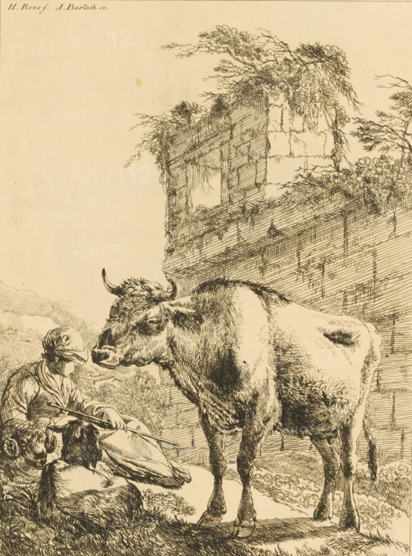 Shepherdess with a ram, a goat, and a cow by a ruin, print, This print is part of an album., printmaker: Adam von Bartsch, Vienna, after print by Johann Heinrich Roos, publisher: Joseph Vincenz Degen, 1805, Johann Heinrich Roos, after print by, Lower Austria, paper, prepared paper, etching, etching on yellow prepared paper, height 219 mm x width 151 mm, herding, herdsman, herdswoman, shepherd, shepherdess, cowherd, goat, cow, ruin of a dwelling, house, castle, A sepia-toned ink illustration showing a large cow standing in front of a thatched roof building, the cow facing to the right with visible horns and textured fur, a person nearby partially obscured holding a long staff and wearing draped clothing, tufts of grass and foliage around the figures, detailed crosshatching and line work throughout the scene, and a wide blank margin surrounding the drawing.