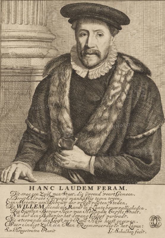Portrait of Cornelis van Beveren, print, Portrait of the Dordrecht mayor Cornelis van Beveren. He wears a fur-trimmed cloak, a ruff, and a beret. In his left hand he holds a pair of gloves(?). A column stands behind him to the left. Below the image is a one-line Latin statement and below that an eight-line Dutch poem of praise for the sitter., printmaker: Godfried Schalcken, Dordrecht, after painting by Samuel van Hoogstraten, 1677, paper, etching, height 204 mm x width 149 mm, Person, Cornelis van Beveren, historical persons, A sepia-toned engraved portrait shows a middle-aged man seated, wearing a dark rounded cap and a ruffled collar, with a fur-lined robe draped over his shoulders; his face has a mustache and trimmed beard, and his expression is neutral as he gazes slightly to the side; one hand rests on a flat surface while the other holds a small wrapped object, and a fluted architectural column appears in the background to his left.