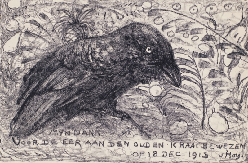 Crow, print, A crow with the text 'My thanks for the honor shown to the old crow on Dec 18, 1913' underneath., printmaker: Theo van Hoytema, 1913, paper, lithography, height 199 mm x width 284 mm, Print made as thanks for a dinner on the occasion of Van Hoytema's fiftieth birthday., song-birds: crow, A dense sketch of a large dark bird head fills the center, its textured feathers rendered with heavy, charcoal-like strokes and a single bright eye standing out against the dark plumage; the bird's beak curves downward and rests near a rounded light shape. Surrounding the bird are tangled, organic forms suggesting foliage and vines, with many circular shapes and leaflike patterns drawn in lighter, sketchy lines. The background is busy with overlapping scribbles, curved marks, and clustered round motifs, creating a textured, layered appearance across the surface.