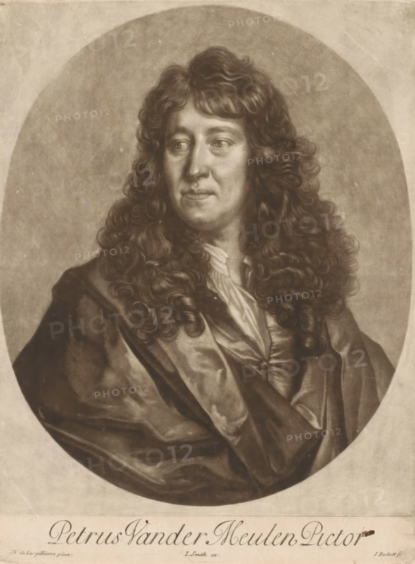 Portrait of Pieter van der Meulen, Petrus Vander Meulen Pictor, print, printmaker: Isaac Beckett, after painting by Nicolas de Largillière, publisher: John Smith (printmaker, publisher), London, c. 1683 - c. 1688, John Smith (printmaker, printmaker, after painting by, publisher, paper, mezzotint, height 302 mm x width 228 mm, Person, Pieter van der Meulen (1638-), historical persons, portrait, self-portrait of artist, A sepia-toned portrait of a person with long, curly hair falling over the shoulders, shown from the chest up within an oval frame. The person has a neutral facial expression with eyes looking slightly to the side and defined facial features. They wear layered clothing with a visible collar and draped outer fabric that creates folds and shading. The background within the oval is plain and textured, and there is a narrow border around the oval separating it from the lighter outer area.