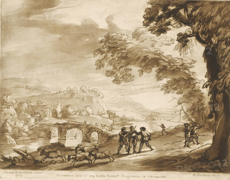 Landscape with stone bridge over river, bandits and fleeing goats, Prints after drawings by Claude Lorrain, Liber Veritatis. Or a Collection of Two Hundred Prints, after the original designs of Claude le Lorrain, print, Series number, 3, 200, Center: two people robbing a third person. On the right, a man shooting at a shepherd and a group of goats., printmaker: Richard Earlom, after drawing by Claude Lorrain, publisher: John Boydell, London, 1774-01-01, paper, mezzotint, etching, mezzotint and etching, printed in brown, height 202 mm x width 257 mm, From 1774, John Boydell published two hundred prints after the drawing book Liber Veritatis by Claude Lorrain, in the possession of the Dukes of Cavendish. These were published in two volumes from 1777., landscape with bridge, viaduct or aqueduct, river, goat, robbery, A sepia-toned landscape drawing showing a river with an arched stone bridge spanning it and gently rolling hills in the distance, a cluster of trees and shrubs scattered acro...