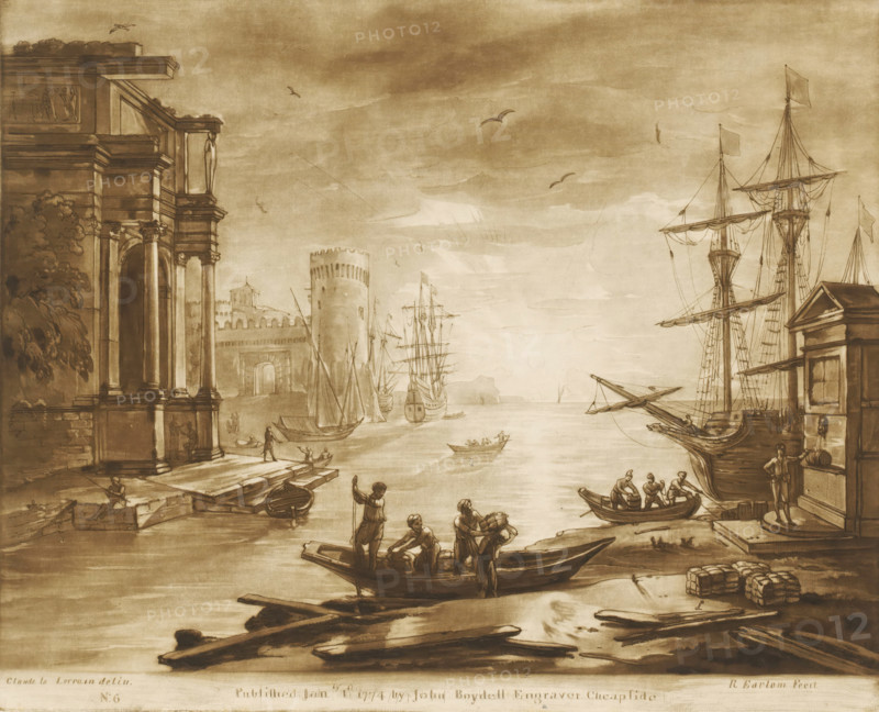 Harbour view with Roman building and fountain at sunset, Liber Veritatis. Or a Collection of Two Hundred Prints, after the original designs of Claude le Lorrain, Prints after drawings by Claude Lorrain, print, Series number, 6, 200, printmaker: Richard Earlom, after drawing by Claude Lorrain, publisher: John Boydell, London, 1774-01-01, paper, mezzotint, etching, mezzotint and etching, printed in brown, height 209 mm x width 259 mm, From 1774 John Boydell published two hundred prints based on the drawing book Liber Veritatis by Claude Lorrain, in the possession of the Dukes of Cavendish. These were published in two volumes from 1777 onwards, harbour, monumental adornments (in city), sunset, landscapes with waters, waterscapes, seascapes (in the temperate zone), landscape with tower or castle, A sepia-toned waterfront scene showing a harbor with tall sailing ships and smaller rowboats, a fortified round tower and arched gateway in the middle distance, and a large classical building with...
