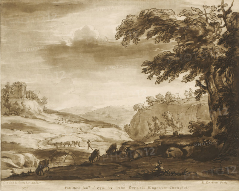 Mountainous landscape with bridge over a river, shepherd and goats, Liber Veritatis. Or a Collection of Two Hundred Prints, after the original designs of Claude le Lorrain, Prints after drawings by Claude Lorrain, print, Series number, 7, 200, printmaker: Richard Earlom, after drawing by Claude Lorrain, publisher: John Boydell, London, 1774-01-01, paper, mezzotint, etching, mezzotint and etching, printed in brown, height 209 mm x width 257 mm, From 1774 John Boydell published two hundred prints based on the drawing book Liber Veritatis by Claude Lorrain, in the possession of the Dukes of Cavendish. These prints were published in bundled two volumes starting in 1777., landscape with bridge, viaduct or aqueduct, river, goat, mountains, cattle driving, cattle driver, A sepia-toned landscape drawing showing a wide sky with large, soft clouds above rolling hills and distant mountains, a steep cliff on the right topped by a large, leafy tree with cascading branches, smaller trees and shrubs ...