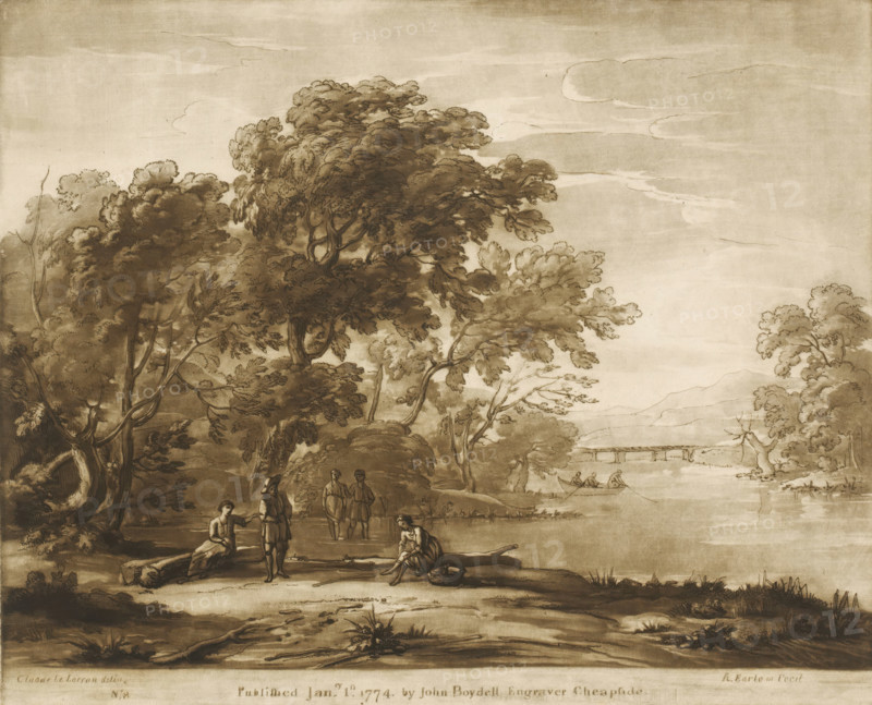 Forest landscape with figures crossing a river, Prints after drawings by Claude Lorrain, Liber Veritatis. Or a Collection of Two Hundred Prints, after the original designs of Claude le Lorrain, print, Series number, 8, 200, printmaker: Richard Earlom, after drawing by Claude Lorrain, publisher: John Boydell, London, 1774-01-01, paper, mezzotint, etching, mezzotint and etching, printed in brown, height 208 mm x width 257 mm, From 1774 John Boydell published two hundred prints based on the drawing book Liber Veritatis by Claude Lorrain, in the possession of the Dukes of Cavendish. These were published bound in two volumes from 1777 onwards., landscape with bridge, viaduct or aqueduct, forest, wood, river, crossing a river, A sepia-toned landscape showing tall, leafy trees with detailed branches filling the left and center, a calm river running across the right with a small boat holding seated figures, a low bridge visible in the distance, and several people near the water's edge includin...