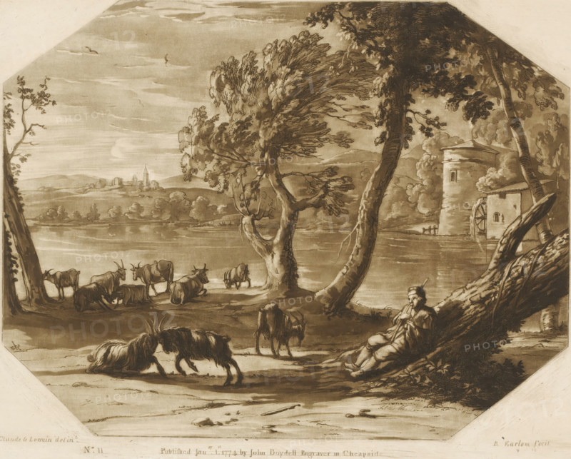 Landscape with shepherd and cattle on the bank of a river, Prints after drawings by Claude Lorrain, Liber Veritatis. Or a Collection of Two Hundred Prints, after the original designs of Claude le Lorrain, print, Series number, 11, 200, printmaker: Richard Earlom, after drawing by Claude Lorrain, publisher: John Boydell, London, 1774-01-01, paper, mezzotint, etching, mezzotint and etching, printed in brown, height 210 mm x width 259 mm, From 1774 John Boydell published two hundred prints based on the drawing book Liber Veritatis by Claude Lorrain, in the possession of the Dukes of Cavendish. These were published bound in two volumes from 1777 onwards., pastorals, Arcadian scenes, herding, herdsman, herdswoman, shepherd, shepherdess, cowherd, river, cattle, watermill in landscape, flute, aulos, tibia - CC - out of doors, A sepia-toned landscape shows a riverside scene with trees in the foreground and middle ground, their trunks curved and branches full of foliage. A small herd of goats s...