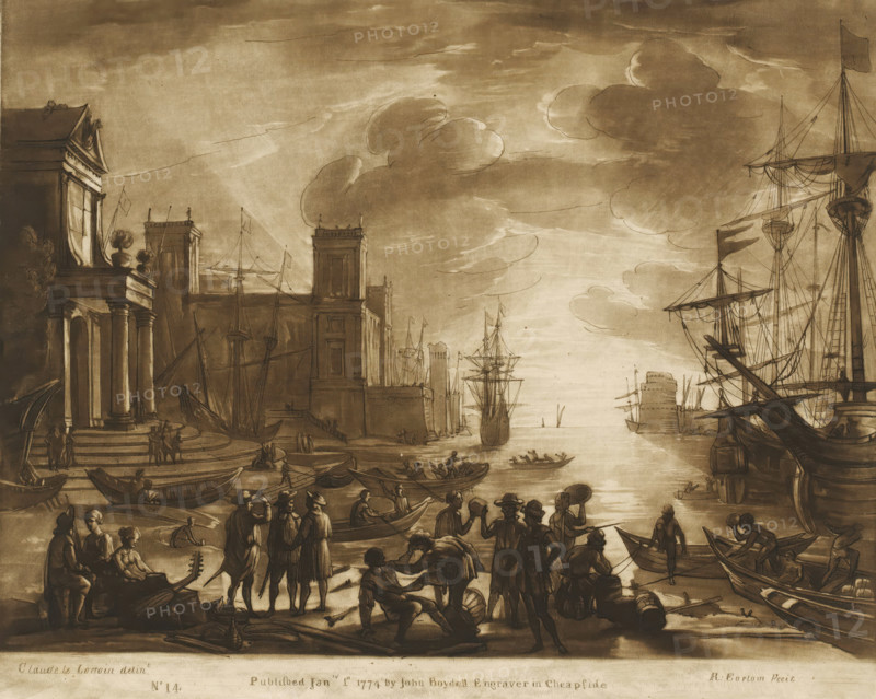 Seaport with setting sun and many figures and buildings on shore, Liber Veritatis. Or a Collection of Two Hundred Prints, after the original designs of Claude le Lorrain, Prints after drawings by Claude Lorrain, print, Series number, 14, 200, printmaker: Richard Earlom, after drawing by Claude Lorrain, publisher: John Boydell, London, 1774-01-01, paper, mezzotint, etching, mezzotint and etching, printed in brown, height 208 mm x width 258 mm, From 1774 John Boydell published two hundred prints based on the drawing book Liber Veritatis by Claude Lorrain, in the possession of the Dukes of Cavendish. These were published bundled in two volumes from 1777 onwards., harbour, sunset, city-view, and landscape with man-made constructions, A sepia-toned harbor scene showing a wide waterway flanked by large sailing ships with tall masts and rigging on the right and classical stone buildings with columns and balustrades on the left; numerous small rowboats and larger ships occupy the water, and gr...
