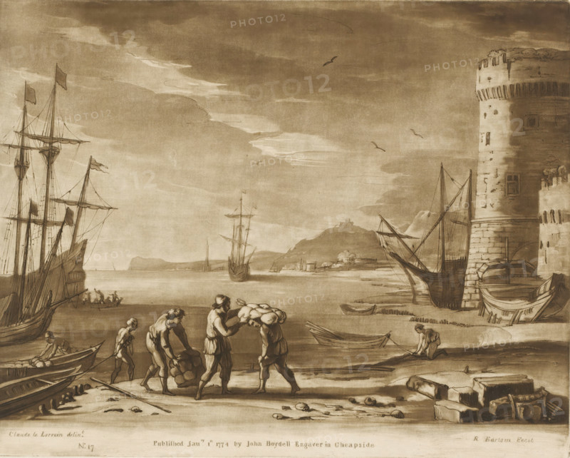 Seaport with figures loading merchandise onto a rowboat, Liber Veritatis. Or a Collection of Two Hundred Prints, after the original designs of Claude le Lorrain, Prints after drawings by Claude Lorrain, print, Series number, 17, 200, printmaker: Richard Earlom, after drawing by Claude Lorrain, publisher: John Boydell, London, 1774-01-01, paper, mezzotint, etching, mezzotint and etching, printed in brown, height 206 mm x width 258 mm, From 1774 John Boydell published two hundred prints based on the drawing book Liber Veritatis by Claude Lorrain, in the possession of the Dukes of Cavendish. These prints were published in two volumes from 1777 onwards: harbour, landscapes with waters, waterscapes, seascapes (in the temperate zone), landscape with tower or castle, A coastal scene rendered in sepia tones shows several tall sailing ships at anchor with rigging and flags, a large cylindrical stone tower on the right with visible masonry and small windows, smaller boats pulled up on the shore,...