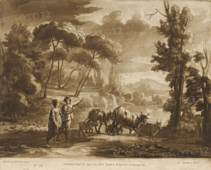 Landscape with lake and two shepherds with cattle, Liber Veritatis. Or a Collection of Two Hundred Prints, after the original designs of Claude le Lorrain, Prints after drawings by Claude Lorrain, print, Series number, 18, 200, printmaker: Richard Earlom, after drawing by Claude Lorrain, publisher: John Boydell, London, 1774-01-01, paper, mezzotint, etching, mezzotint and etching, printed in brown, height 208 mm x width 259 mm, From 1774 John Boydell published two hundred prints based on the drawing book Liber Veritatis by Claude Lorrain, in the possession of the Dukes of Cavendish. These prints were published in two volumes from 1777 onwards., pastorals, Arcadian scenes, lake, cattle, cattle driving, cattle driver, A sepia-toned pastoral scene showing a watery foreground with grazing cattle and two standing human figures near the water's edge, one pointing while holding a staff and the other standing beside them, surrounded by trees of varying heights and dense rounded foliage, with d...