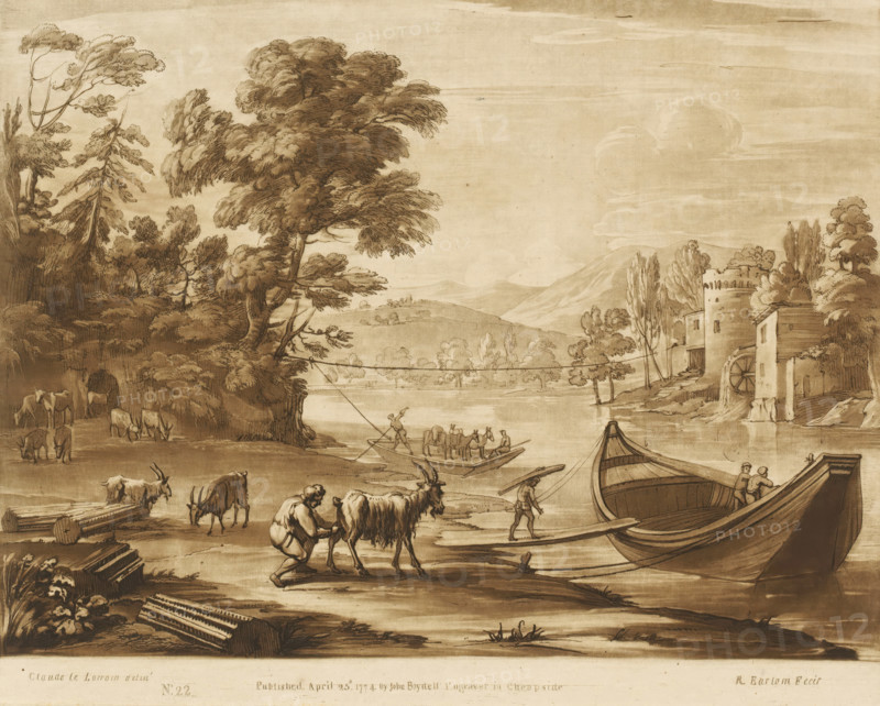Landscape with cattle and ferry on a river, Prints after drawings by Claude Lorrain, Liber Veritatis. Or a Collection of Two Hundred Prints, after the original designs of Claude le Lorrain, print, Series number, 22, 200, printmaker: Richard Earlom, after drawing by Claude Lorrain, publisher: John Boydell, London, 1774-04-25, paper, mezzotint, etching, mezzotint and etching, printed in brown, height 209 mm x width 259 mm, From 1774 John Boydell published two hundred prints based on the drawing book Liber Veritatis by Claude Lorrain, in the possession of the Dukes of Cavendish. These prints were published in two volumes from 1777 onwards., river, ferry, cattle, A sepia-toned landscape drawing showing a riverbank with large trees on the left and a cluster of buildings with a round tower and a waterwheel on the right; boats are moored at the shore with figures on and near them, one person standing on a boat pole and another guiding a small boat carrying animals; cattle and goats graze and ...