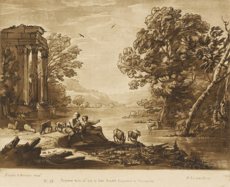 Landscape with portico and resting shepherds with cattle on the riverbank, Prints after drawings by Claude Lorrain, Liber Veritatis. Or a Collection of Two Hundred Prints, after the original designs of Claude le Lorrain, print, Series number, 23, 200, printmaker: Richard Earlom, after drawing by Claude Lorrain, publisher: John Boydell, London, 1774-04-25, paper, mezzotint, etching, mezzotint and etching, printed in brown, height 206 mm x width 256 mm, From 1774 John Boydell published two hundred prints based on the drawing book Liber Veritatis by Claude Lorrain, in the possession of the Dukes of Cavendish. These prints were published in two volumes from 1777 onwards., herding, herdsman, herdswoman, shepherd, shepherdess, cowherd, river, landscape with ruins, cattle, river bank, A sepia-toned landscape drawing showing a river or lake with distant hills under a cloudy sky, flanked by dense trees on the right and classical columns and ruins on the left. In the foreground a reclining coupl...