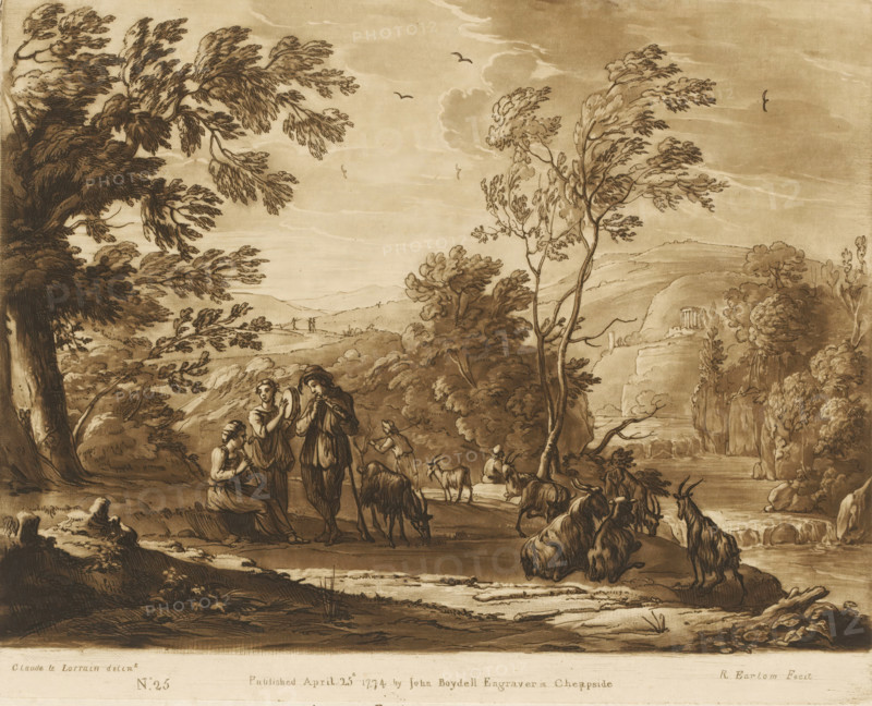Hilly landscape with cattle and three shepherds making music, Prints after drawings by Claude Lorrain, Liber Veritatis. Or a Collection of Two Hundred Prints, after the original designs of Claude le Lorrain, print, Series number, 25, 200, printmaker: Richard Earlom, after drawing by Claude Lorrain, publisher: John Boydell, London, 1774-04-25, paper, mezzotint, etching, mezzotint and etching, printed in brown, height 207 mm x width 256 mm, From 1774 John Boydell published two hundred prints based on the drawing book Liber Veritatis by Claude Lorrain, in the possession of the Dukes of Cavendish. These prints were published in two volumes from 1777 onwards., pastorals, Arcadian scenes, river, cattle, making music, musician with instrument - CC - out of doors, A sepia-toned landscape drawing showing a group of people gathered near a riverbank surrounded by trees and hills; tall, windswept trees frame the scene with detailed foliage and branches extending across the sky, where a few birds a...