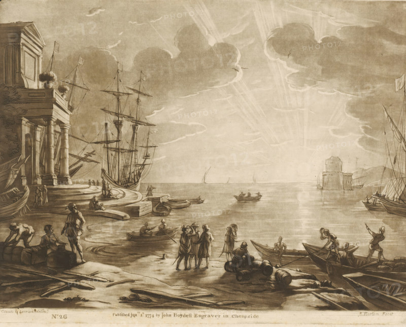 Seaport with classical building and figures on shore, at sunset, Liber Veritatis. Or a Collection of Two Hundred Prints, after the original designs of Claude le Lorrain, Prints after drawings by Claude Lorrain, print, Series number, 26, 200, printmaker: Richard Earlom, after drawing by Claude Lorrain, publisher: John Boydell, London, 1774-01-01, paper, mezzotint, etching, mezzotint and etching, printed in brown, height 201 mm x width 255 mm, From 1774 John Boydell published two hundred prints based on the drawing book Liber Veritatis by Claude Lorrain, in the possession of the Dukes of Cavendish. These prints were published in two volumes from 1777 onwards., harbour, sunset, ships (in general) - CC - more than one ship, A coastal scene rendered in sepia tones shows a stone quay with classical columns and urns on a terrace at left, tall ships with masts and rigging moored nearby, and small rowboats on calm water; people in period clothing stand, sit, and work along the shore and on the ...