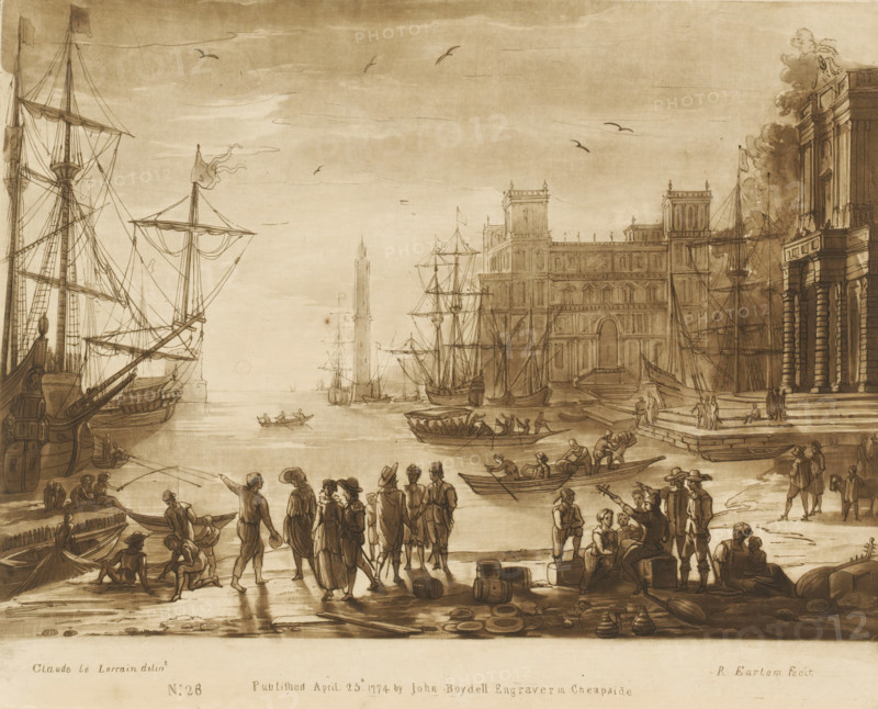 Seaport with many figures and two buildings, Liber Veritatis. Or a Collection of Two Hundred Prints, after the original designs of Claude le Lorrain, Prints after drawings by Claude Lorrain, print, Series number, 28, 200, printmaker: Richard Earlom, after drawing by Claude Lorrain, publisher: John Boydell, London, 1774-04-25, paper, mezzotint, etching, mezzotint and etching, printed in brown, height 207 mm x width 258 mm, From 1774 John Boydell published two hundred prints based on the drawing book Liber Veritatis by Claude Lorrain, in the possession of the Dukes of Cavendish. These prints were published in bundled two volumes starting in 1777., sunset, sailing-ship, sailing-boat, landscapes with waters, waterscapes, seascapes (in the temperate zone) (landscape with figures, staffage), harbour (view, vehicle, ship, etc.), A wide waterfront scene rendered in sepia shows tall sailing ships with masts and rigging at the water's edge, smaller rowboats and skiffs on the water, and a busy qu...