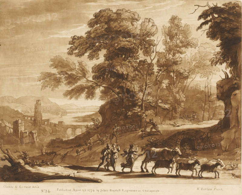 Landscape with drovers and bandits with swords, Liber Veritatis. Or a Collection of Two Hundred Prints, after the original designs of Claude le Lorrain, Prints after drawings by Claude Lorrain, print, Series number, 34, 200, printmaker: Richard Earlom, after drawing by Claude Lorrain, publisher: John Boydell, London, 1774-04-25, paper, mezzotint, etching, mezzotint and etching, printed in brown, height 207 mm x width 257 mm, From 1774 John Boydell published two hundred prints based on the drawing book Liber Veritatis by Claude Lorrain, in the possession of the Dukes of Cavendish. These prints were published in bundled two volumes starting in 1777., landscape with bridge, viaduct or aqueduct, landscape with tower or castle, cattle driving, cattle driver, robbery, violent death by sword - EE - death not certain, wounded person, A sepia-toned landscape drawing showing a winding path and a bridge in the midground, large leafy trees on a rocky hillside, and distant hills and a tower by a ri...