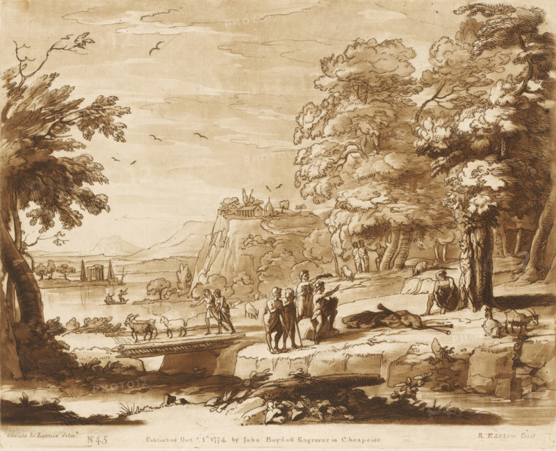 Landscape with Marsyas tied to a tree, Prints after drawings by Claude Lorrain, Liber Veritatis. Or a Collection of Two Hundred Prints, after the original designs of Claude le Lorrain, print, Series number, 45, 200, A landscape with the story of Marsyas, who is flayed at the command of Apollo., printmaker: Richard Earlom, after drawing by Claude Lorrain, publisher: John Boydell, London, 1774-10-01, paper, mezzotint, etching, mezzotint and etching, printed in brown, height 207 mm x width 257 mm, From 1774, John Boydell published two hundred prints after the drawing book Liber Veritatis by Claude Lorrain, in the possession of the Dukes of Cavendish. These prints were published in two volumes from 1777 onwards., herding, herdsman, herdswoman, shepherd, shepherdess, cowherd, river (landscape with figures, staffage), punishment of Marsyas: he is flayed by Apollo, A sepia-toned landscape drawing showing a coastal scene with trees and cliffs, a distant shoreline with small boats on the water,...