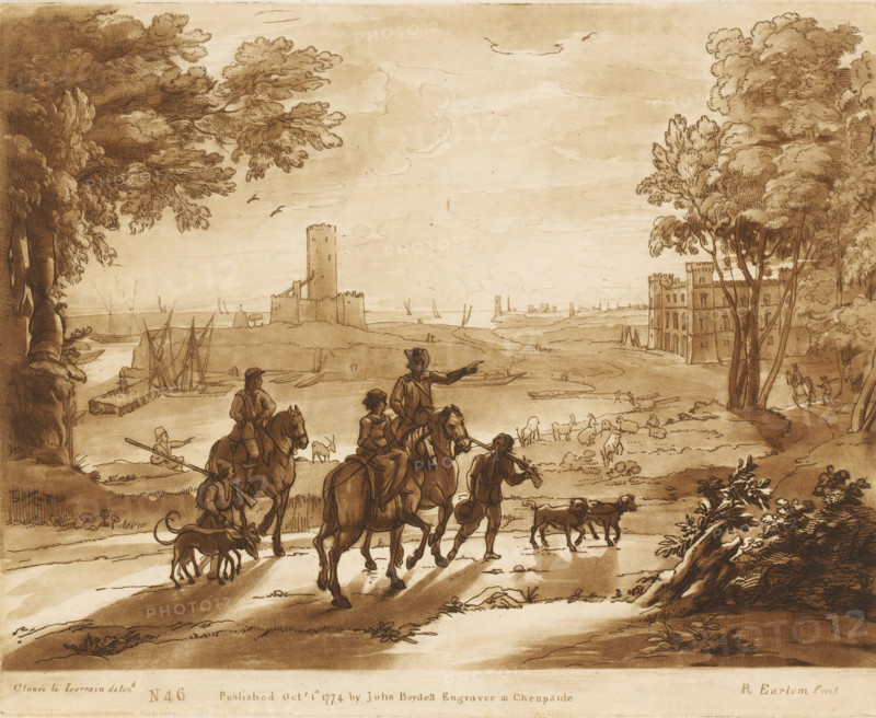 Coastal landscape with three hunters on horses, Liber Veritatis. Or a Collection of Two Hundred Prints, after the original designs of Claude le Lorrain, Prints after drawings by Claude Lorrain, print, Series number, 46, 200, printmaker: Richard Earlom, after drawing by Claude Lorrain, publisher: John Boydell, London, 1774-10-01, paper, mezzotint, etching, mezzotint and etching, printed in brown, height 208 mm x width 258 mm, From 1774 John Boydell published two hundred prints based on the drawing book Liber Veritatis by Claude Lorrain, in the possession of the Dukes of Cavendish. These prints were published in two volumes from 1777 onwards., coast, harbour, riding a horse, ass, or mule, rider, horseman, hunter, hunter - CC - female hunter, huntress, A sepia-toned landscape drawing showing a group of riders on horseback accompanied by walking figures and dogs moving along a dirt path in the foreground, with trees framing both sides, grazing sheep and scattered figures in the midground, ...