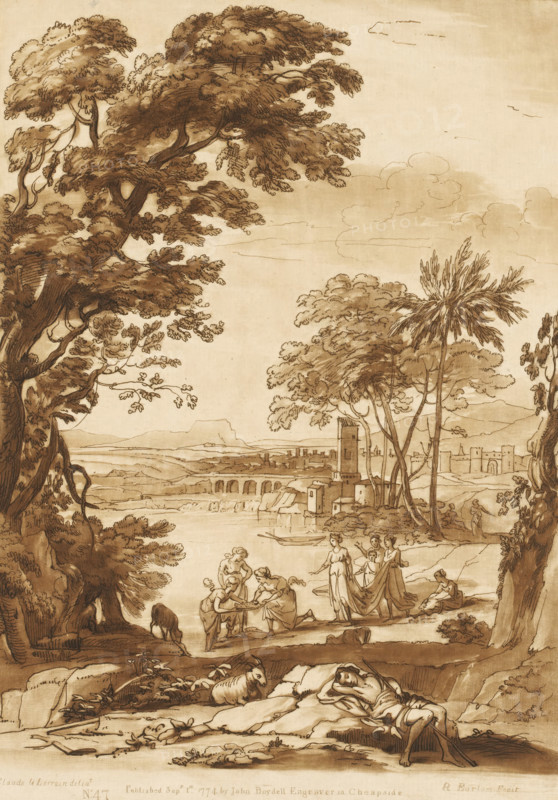 Landscape by a lake with the finding of Moses, Prints after drawings by Claude Lorrain, Liber Veritatis. Or a Collection of Two Hundred Prints, after the original designs of Claude le Lorrain, print, Series number, 47, 200, printmaker: Richard Earlom, after drawing by Claude Lorrain, publisher: John Boydell, London, 1774-09-01, paper, mezzotint, etching, mezzotint and etching, printed in brown, height 271 mm x width 192 mm, From 1774, John Boydell published two hundred prints after the drawing book Liber Veritatis by Claude Lorrain, in the possession of the Dukes of Cavendish. These prints were published in two volumes from 1777 onwards., city-view, and landscape with man-made constructions, lake (landscape with figures, staffage), Moses is either presented to Pharaoh's daughter or surrounded by women fondling him, A sepia-toned landscape drawing shows tall leafy trees framing a river scene with distant rolling hills and a town with towers and arched bridges along the water; groups of ...