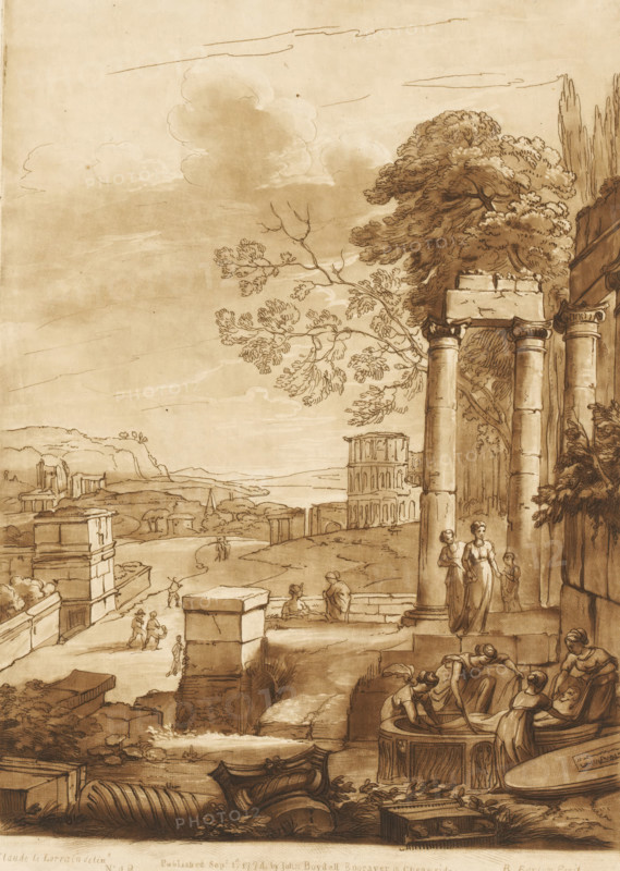 Landscape with ruins and women placing a body in a sarcophagus, Liber Veritatis. Or a Collection of Two Hundred Prints, after the original designs of Claude le Lorrain, Prints after drawings by Claude Lorrain, print, Series number, 48, 200, printmaker: Richard Earlom, after drawing by Claude Lorrain, publisher: John Boydell, London, 1774-09-01, paper, mezzotint, etching, mezzotint and etching, printed in brown, height 270 mm x width 190 mm, From 1774 John Boydell published two hundred prints based on the drawing book Liber Veritatis by Claude Lorrain, in the possession of the Dukes of Cavendish. These prints were published in two volumes from 1777 onwards., burial, landscape with ruins, A sepia-toned landscape drawing showing ruins and classical architecture with tall stone columns and a partially intact entablature at the right, trees with detailed foliage rising behind the columns, and a multi-level building with arched openings visible in the middle distance; several small human fig...