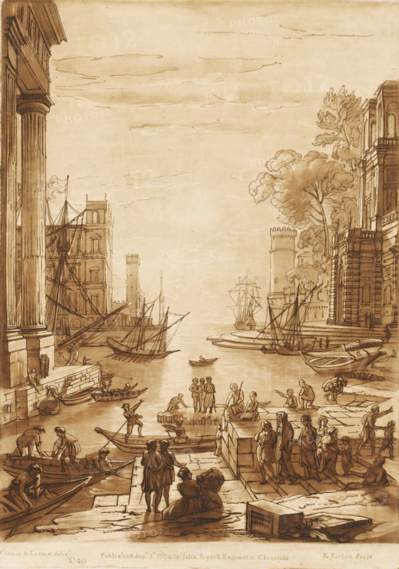 Seaport with three rowing boats on shore and several buildings, Liber Veritatis. Or a Collection of Two Hundred Prints, after the original designs of Claude le Lorrain, Prints after drawings by Claude Lorrain, print, Series number, 49, 200, printmaker: Richard Earlom, after drawing by Claude Lorrain, publisher: John Boydell, London, 1774-09-01, paper, mezzotint, etching, mezzotint and etching, printed in brown, height 271 mm x width 192 mm, From 1774 John Boydell published two hundred prints based on the drawing book Liber Veritatis by Claude Lorrain, in the possession of the Dukes of Cavendish. These prints were published in two volumes from 1777 onwards., harbour, landscapes with waters, waterscapes, seascapes (in the temperate zone), city-view, and landscape with man-made constructions, ships (in general) (getting in, mounting, embarkation), A sepia-toned drawing of a harbor scene with a wide central waterway flanked by tall classical buildings and columns, docked sailing ships with...