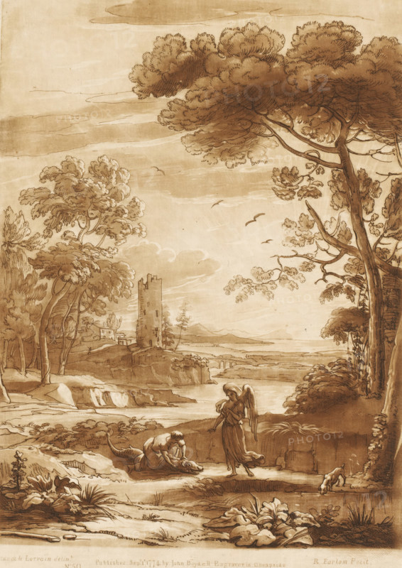 Coastal landscape with Tobias and the angel, Liber Veritatis. Or a Collection of Two Hundred Prints, after the original designs of Claude le Lorrain, Prints after drawings by Claude Lorrain, print, Series number, 50, 200, printmaker: Richard Earlom, after drawing by Claude Lorrain, publisher: John Boydell, London, 1774-09-01, paper, mezzotint, etching, mezzotint and etching, printed in brown, height 270 mm x width 191 mm, From 1774 John Boydell published two hundred prints based on the drawing book Liber Veritatis by Claude Lorrain, in the possession of the Dukes of Cavendish. These prints were published in bundled two volumes starting in 1777., coast, landscape with bridge, viaduct or aqueduct, landscape with tower or castle, the angel Raphael tells Tobias to cut the fish to pieces, A sepia-toned landscape drawing showing a tall tree on the right with textured foliage and twisting branches, a grouping of trees on the left with rounded canopies, a ruined tower and distant buildings on ...