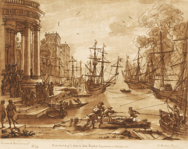 Port view with the embarkation of Saint Ursula, Prints after drawings by Claude Lorrain, Liber Veritatis. Or a Collection of Two Hundred Prints, after the original designs of Claude le Lorrain, print, Series number, 54, 200, printmaker: Richard Earlom, after drawing by Claude Lorrain, publisher: John Boydell, London, 1774-08-01, paper, mezzotint, etching, mezzotint and etching, printed in brown, height 207 mm x width 258 mm, From 1774 John Boydell published two hundred prints based on the drawing book Liber Veritatis by Claude Lorrain, in the possession of the Dukes of Cavendish. These prints were published in bundled two volumes starting in 1777., harbour, sailing-ship, sailing-boat, landscapes with waters, waterscapes, seascapes (in the temperate zone), city-view, and landscape with man-made constructions (city(-scape) with figures, staffage), St. Ursula as patron, protector, intercessor, Rome, A sepia-toned harbor scene with sailing ships moored and anchored in calm water, their tal...