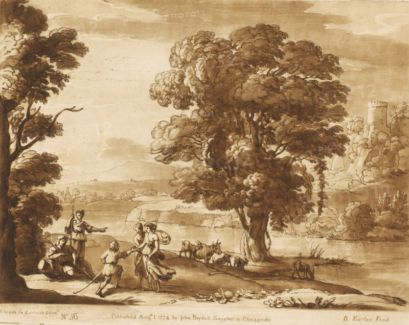 Landscape with five shepherds and cattle on a riverbank, Liber Veritatis. Or a Collection of Two Hundred Prints, after the original designs of Claude le Lorrain, Prints after drawings by Claude Lorrain, print, Series number, 56, 200, printmaker: Richard Earlom, after drawing by Claude Lorrain, publisher: John Boydell, London, 1774-08-01, paper, mezzotint, etching, mezzotint and etching, printed in brown, height 204 mm x width 258 mm, From 1774 John Boydell published two hundred prints based on the drawing book Liber Veritatis by Claude Lorrain, in the possession of the Dukes of Cavendish. These prints were published in two volumes from 1777 onwards., pastorals, Arcadian scenes, herding, herdsman, herdswoman, shepherd, shepherdess, cowherd, cattle, river bank, A sepia-toned landscape drawing shows a large leafy tree near the center with detailed foliage and a textured trunk, flanked by other trees and shrubbery; a body of water stretches behind the trees with low rolling hills and a dis...