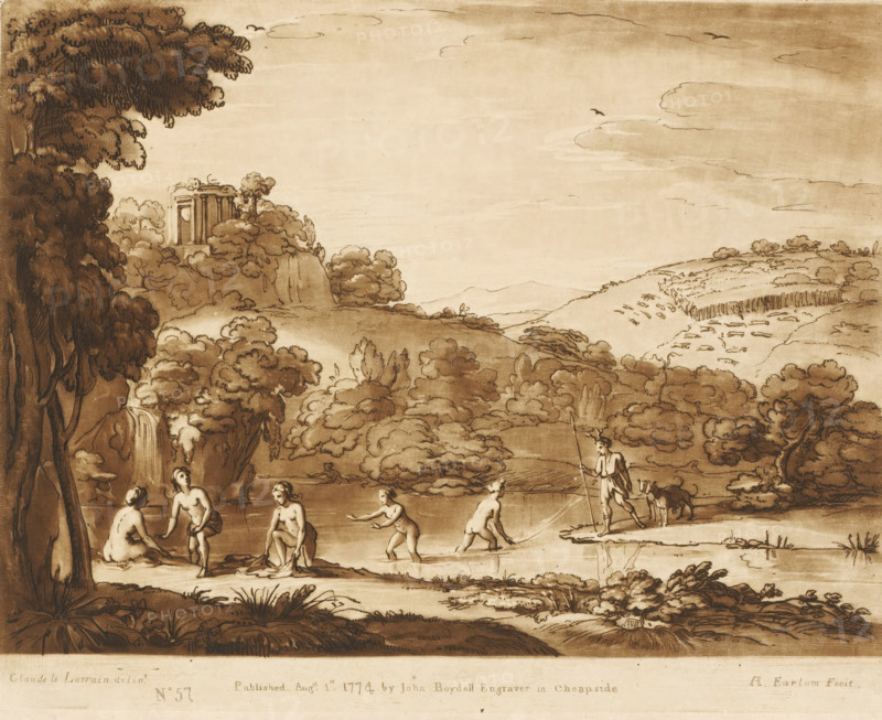 Landscape with Actaeon and Diana and her nymphs, Liber Veritatis. Or a Collection of Two Hundred Prints, after the original designs of Claude le Lorrain, Prints after drawings by Claude Lorrain, print, Series number, 57, 200, printmaker: Richard Earlom, after drawing by Claude Lorrain, publisher: John Boydell, London, 1774-08-01, paper, mezzotint, etching, mezzotint and etching, printed in brown, height 206 mm x width 257 mm, From 1774 John Boydell published two hundred prints based on the drawing book Liber Veritatis by Claude Lorrain, in the possession of the Dukes of Cavendish. These prints were published in two volumes from 1777 onwards., lake, landscape with ruins, Actaeon changed into a stag: as punishment for seeing her bathe, Diana changes Actaeon, the hunter, into a stag (Ovid, Metamorphoses III 193), A sepia-toned landscape drawing shows rolling hills, clustered trees, and a small rocky cliff with a waterfall feeding a calm body of water in the foreground. Several nude figure...