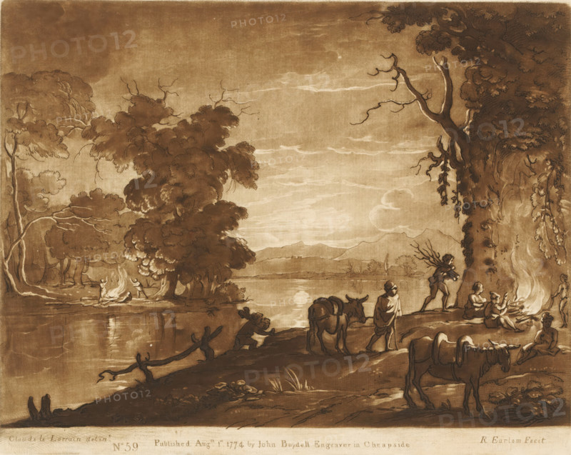 Landscape with figures on a bank lighting a fire, Prints after drawings by Claude Lorrain, Liber Veritatis. Or a Collection of Two Hundred Prints, after the original designs of Claude le Lorrain, print, Series number, 59, 200, printmaker: Richard Earlom, after drawing by Claude Lorrain, publisher: John Boydell, London, 1774-08-01, paper, mezzotint, etching, mezzotint and etching, printed in brown, height 204 mm x width 257 mm, From 1774 John Boydell published two hundred prints based on the drawing book Liber Veritatis by Claude Lorrain, in the possession of the Dukes of Cavendish. These prints were published in two volumes from 1777 onwards., lake, moonlight, camp-fire, watch-fire, A sepia-toned landscape showing a lakeside scene with large leafy trees on the left and a tall tree with a textured trunk and hanging vines on the right, a body of water stretching toward distant hills under a sky with wispy clouds, small human figures gathered near fires on both sides of the shore, a perso...
