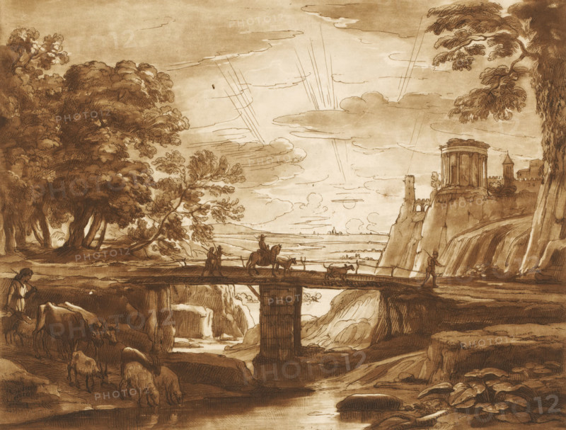 Landscape with travelers crossing a bridge at sunset, Prints after drawings by Claude Lorrain, Liber Veritatis. Or a Collection of Two Hundred Prints, after the original designs of Claude le Lorrain, print, Series number, 67, 200, printmaker: Richard Earlom, after drawing by Claude Lorrain, publisher: John Boydell, London, 1774-11-01, paper, mezzotint, etching, mezzotint and etching, printed in brown, height 207 mm x width 257 mm, From 1774 John Boydell published two hundred prints based on the drawing book Liber Veritatis by Claude Lorrain, in the possession of the Dukes of Cavendish. These prints were published in bundled two volumes starting in 1777., sunset, river (landscape with figures, staffage), landscape with ruins - II - ideal landscapes, landscape with bridge, viaduct or aqueduct - II - ideal landscapes, A sepia-toned landscape drawing showing a wide sky with layered clouds and linear rays, a cluster of large leafy trees on the left and a tall tree on the right framing a roc...