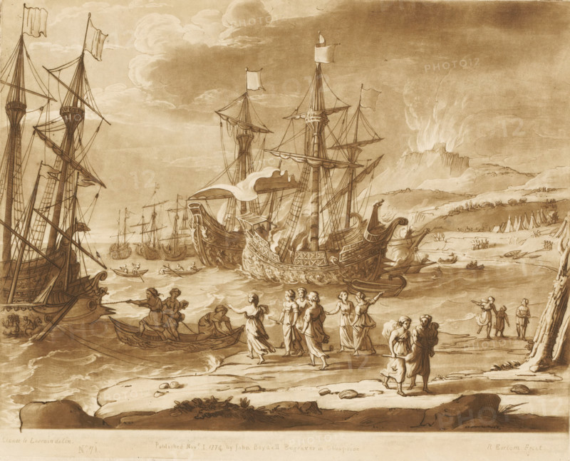Coastal view with Trojan women setting ships on fire, Prints after drawings by Claude Lorrain, Liber Veritatis. Or a Collection of Two Hundred Prints, after the original designs of Claude le Lorrain, print, Series number, 71, 200, printmaker: Richard Earlom, after drawing by Claude Lorrain, publisher: John Boydell, London, 1774-11-01, paper, mezzotint, etching, mezzotint and etching, printed in brown, height 207 mm x width 256 mm, From 1774 John Boydell published two hundred prints based on the drawing book Liber Veritatis by Claude Lorrain, in the possession of the Dukes of Cavendish. These prints were published in two volumes from 1777 onwards., coast, sea (seascape), ships (in general) - CC - more than one ship, Iris, in the guise of Beroe, an old woman, incites the Trojan women to rebellion, they set the ships on fire, A coastal scene rendered in sepia tones shows large sailing ships with tall masts and billowing flags anchored near the shore, smaller boats and rowboats in the wate...