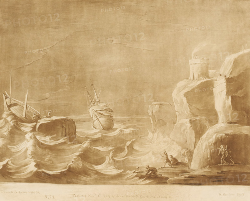 Shipwreck near a rocky coast with tower, Liber Veritatis. Or a Collection of Two Hundred Prints, after the original designs of Claude le Lorrain, Prints after drawings by Claude Lorrain, print, Series number, 72, 200, printmaker: Richard Earlom, after drawing by Claude Lorrain, publisher: John Boydell, London, 1774-11-01, paper, mezzotint, etching, mezzotint and etching, printed in brown, height 207 mm x width 256 mm, From 1774 John Boydell published two hundred prints based on the drawing book Liber Veritatis by Claude Lorrain, in the possession of the Dukes of Cavendish. These prints were published in bundled two volumes starting in 1777., shipwreck, storm at sea, drowning, shipwrecked person, rocky coast, saving a person from drowning, A coastal scene rendered in monochrome tones showing turbulent waves and rocky cliffs, with two ships near the shore one partially beached and another listing in the water, figures on the rocks and shoreline engaged in movements toward the water, a ro...
