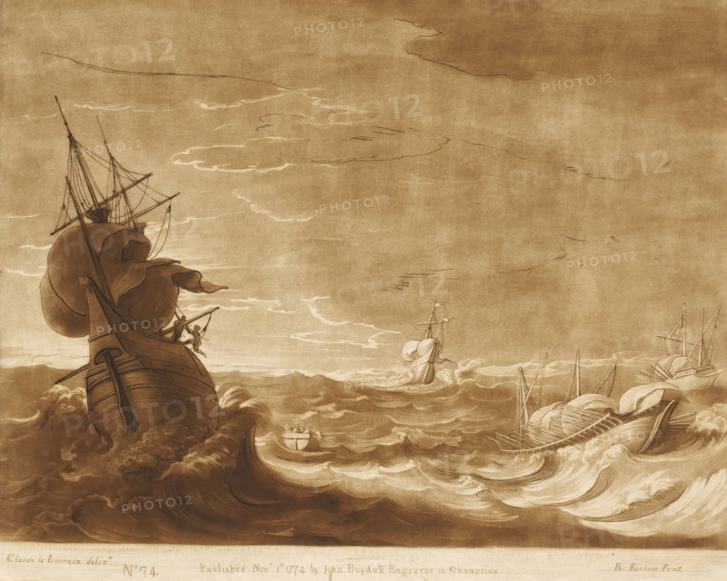Storm at sea with figures fleeing from a ship, Prints after drawings by Claude Lorrain, Liber Veritatis. Or a Collection of Two Hundred Prints, after the original designs of Claude le Lorrain, print, Series number, 74, 200, printmaker: Richard Earlom, after drawing by Claude Lorrain, publisher: John Boydell, London, 1774-11-01, paper, mezzotint, etching, mezzotint and etching, printed in brown, height 207 mm x width 256 mm, From 1774 John Boydell published two hundred prints based on the drawing book Liber Veritatis by Claude Lorrain, in the possession of the Dukes of Cavendish. These prints were published in two volumes from 1777 onwards., sea (seascape), storm at sea, ships (in general) - CC - more than one ship, A sepia-toned drawing showing a turbulent sea with large rolling waves and foamy crests, several sailing vessels of varying sizes caught in the swell, one large ship in the left foreground with tall masts, rigging, and billowing sails partially furled, a smaller boat with a ...