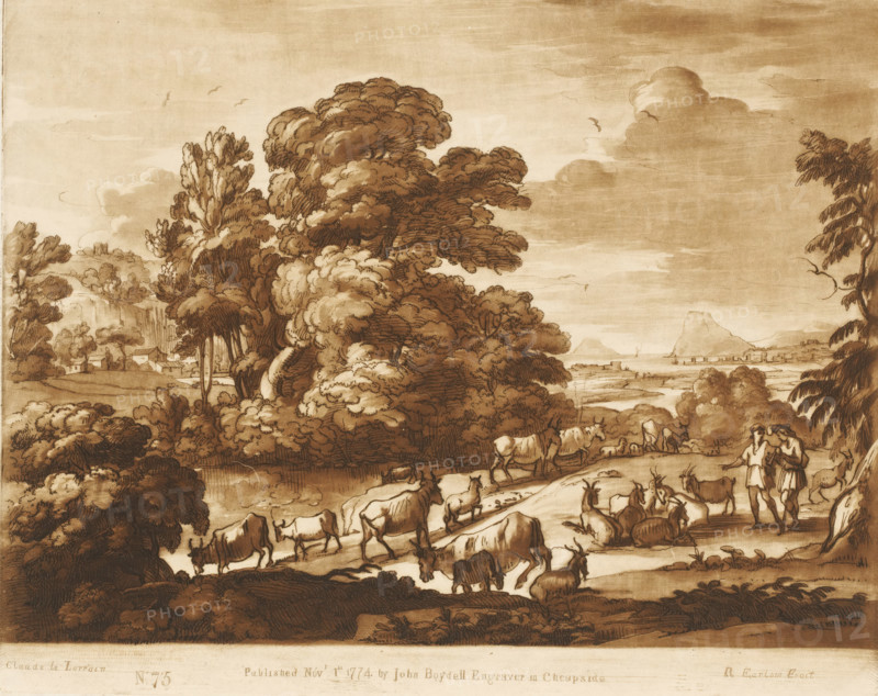 Landscape with large tree and two shepherds with cattle, Prints after drawings by Claude Lorrain, Liber Veritatis. Or a Collection of Two Hundred Prints, after the original designs of Claude le Lorrain, print, Series number, 75, 200, printmaker: Richard Earlom, after drawing by Claude Lorrain, publisher: John Boydell, London, 1774-11-01, paper, mezzotint, etching, mezzotint and etching, printed in brown, height 206 mm x width 255 mm, From 1774 John Boydell published two hundred prints based on the drawing book Liber Veritatis by Claude Lorrain, in the possession of the Dukes of Cavendish. These prints were published in two volumes from 1777 onwards., pastorals, Arcadian scenes, herding, herdsman, herdswoman, shepherd, shepherdess, cowherd, trees, cattle, A sepia-toned landscape drawing shows a wooded area with large, densely foliaged trees rising toward the sky, clouds and a few birds above, and rolling hills in the distance. In the foreground a winding path and rocky stream run past s...