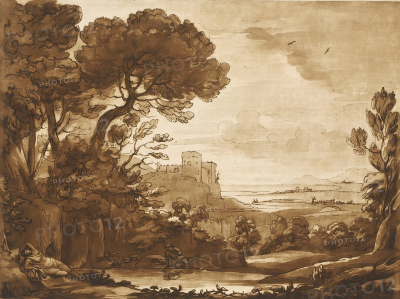 Landscape with Narcissus and Echo, Prints after drawings by Claude Lorrain, Liber Veritatis. Or a Collection of Two Hundred Prints, after the original designs of Claude le Lorrain, print, Series number, 77, 200, printmaker: Richard Earlom, after drawing by Claude Lorrain, publisher: John Boydell, London, 1774-11-01, paper, mezzotint, etching, mezzotint and etching, printed in brown, height 206 mm x width 256 mm, From 1774 John Boydell published two hundred prints based on the drawing book Liber Veritatis by Claude Lorrain, in the possession of the Dukes of Cavendish. These prints were published in two volumes from 1777 onwards., Narcissus, gazing in a fountain, falls in love with his own reflection, possibly the nymph Echo peeps at the scene, lake - HH - ideal landscapes, A sepia-toned landscape drawing showing a rocky foreground with reclining and seated human figures among plants, a cluster of large, leafy trees with twisted trunks dominating the left and center, a cliff with a small...