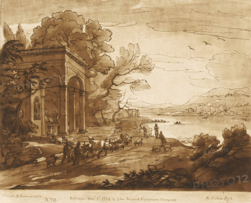 Landscape with drovers along a lake and a classical building, Prints after drawings by Claude Lorrain, Liber Veritatis. Or a Collection of Two Hundred Prints, after the original designs of Claude le Lorrain, print, Series number, 78, 200, printmaker: Richard Earlom, after drawing by Claude Lorrain, publisher: John Boydell, London, 1774-11-01, paper, mezzotint, etching, mezzotint and etching, printed in brown, height 206 mm x width 255 mm, From 1774 John Boydell published two hundred prints based on the drawing book Liber Veritatis by Claude Lorrain, in the possession of the Dukes of Cavendish. These prints were published in two volumes from 1777 onwards., pastorals, Arcadian scenes, city-view, and landscape with man-made constructions, cattle driving, cattle driver, lake - HH - ideal landscapes, A sepia-toned landscape drawing shows a classical arched building on the left partially covered by trees, with columns and a niche containing a statue visible on its facade; a winding path and ...
