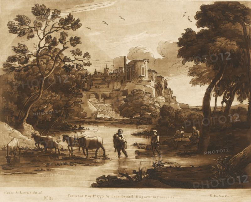 Landscape near a town with shepherds and cattle crossing a stream, Prints after drawings by Claude Lorrain, Liber Veritatis. Or a Collection of Two Hundred Prints, after the original designs of Claude le Lorrain, print, Series number, 81, 200, printmaker: Richard Earlom, after drawing by Claude Lorrain, publisher: John Boydell, London, 1775-05-01, paper, mezzotint, etching, mezzotint and etching, printed in brown, height 206 mm x width 257 mm, From 1774 John Boydell published two hundred prints based on the drawing book Liber Veritatis by Claude Lorrain, in the possession of the Dukes of Cavendish. These prints were published in two volumes from 1777 onwards., pastorals, Arcadian scenes, river, cattle, crossing a river, city-view, and landscape with man-made constructions - II - ideal landscapes, A wide sepia-toned landscape shows a river or shallow pond in the foreground with cattle standing and wading in the water, a few human figures near the water's edge including a person carrying...