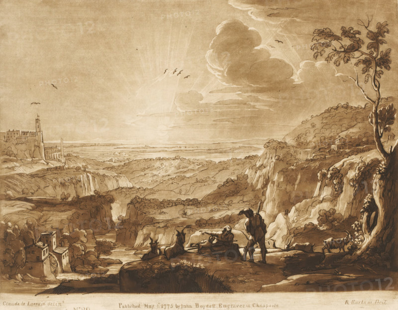 Mountainous landscape with hunter and shepherd at sunset, Liber Veritatis. Or a Collection of Two Hundred Prints, after the original designs of Claude le Lorrain, Prints after drawings by Claude Lorrain, print, Series number, 89, 200, printmaker: Richard Earlom, after drawing by Claude Lorrain, publisher: John Boydell, London, 1775-05-01, paper, mezzotint, etching, mezzotint and etching, printed in brown, height 205 mm x width 257 mm, From 1774 John Boydell published two hundred prints based on the drawing book Liber Veritatis by Claude Lorrain, in the possession of the Dukes of Cavendish. These prints were published in two volumes from 1777 onwards., herding, herdsman, herdswoman, shepherd, shepherdess, cowherd, sunset, hunter, watermill in landscape, mountains - HH - ideal landscapes, A sepia-toned landscape drawn with ink and wash shows a wide valley viewed from a high rocky foreground where a standing figure leans on a staff near a cart and a reclining figure beside two animals; st...