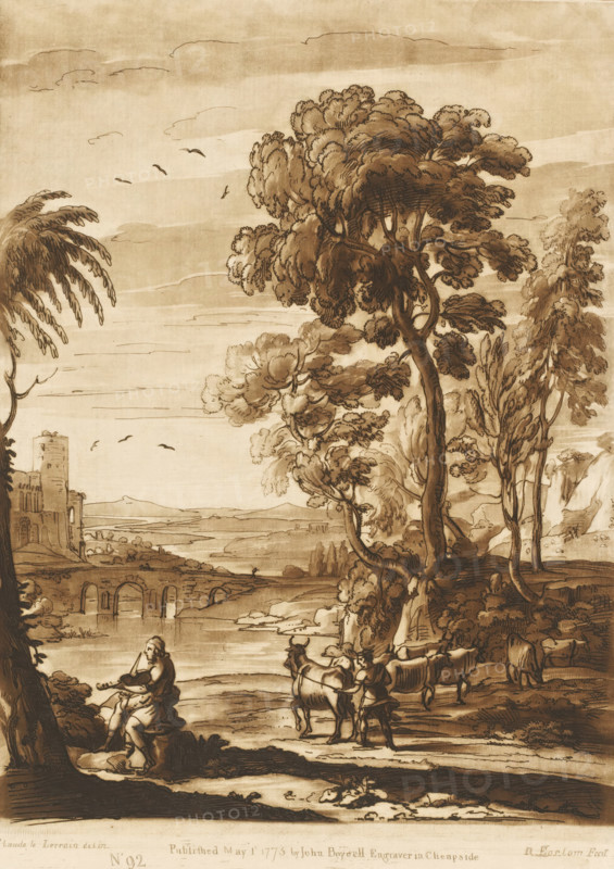 Landscape with Apollo and Mercury driving away the flock of Admetus, Liber Veritatis. Or a Collection of Two Hundred Prints, after the original designs of Claude le Lorrain, Prints after drawings by Claude Lorrain, print, Series number, 92, 200, printmaker: Richard Earlom, after drawing by Claude Lorrain, publisher: John Boydell, London, 1775-05-01, paper, mezzotint, etching, mezzotint and etching, printed in brown, height 274 mm x width 195 mm, From 1774 John Boydell published two hundred prints based on the drawing book Liber Veritatis by Claude Lorrain, in the possession of the Dukes of Cavendish. These prints were published in two volumes from 1777 onwards., cattle, Mercury steals the flock which Apollo is tending, landscape with bridge, viaduct or aqueduct - II - ideal landscapes, A sepia-toned landscape drawing showing a river with an arched stone bridge and distant rolling hills, tall leafy trees dominating the right side, a cluster of trees with textured foliage near the center...