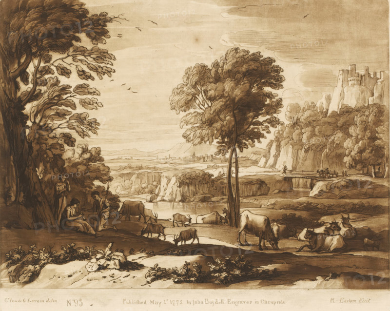 Landscape with flute-playing shepherdess and cattle near a lake, Prints after drawings by Claude Lorrain, Liber Veritatis. Or a Collection of Two Hundred Prints, after the original designs of Claude le Lorrain, print, Series number, 93, 200, printmaker: Richard Earlom, after drawing by Claude Lorrain, publisher: John Boydell, London, 1775-05-01, paper, mezzotint, etching, mezzotint and etching, printed in brown, height 207 mm x width 256 mm, From 1774 John Boydell published two hundred prints based on the drawing book Liber Veritatis by Claude Lorrain, in the possession of the Dukes of Cavendish. These prints were published in two volumes from 1777 onwards., pastorals, Arcadian scenes, cattle, flute, aulos, tibia - CC - out of doors, mountains - HH - ideal landscapes, lake - HH - ideal landscapes, A sepia-toned landscape drawing shows a wide valley with rolling cliffs and a river, framed by large leafy trees on the left and center and a clump of trees and rocky outcrops on the right; g...