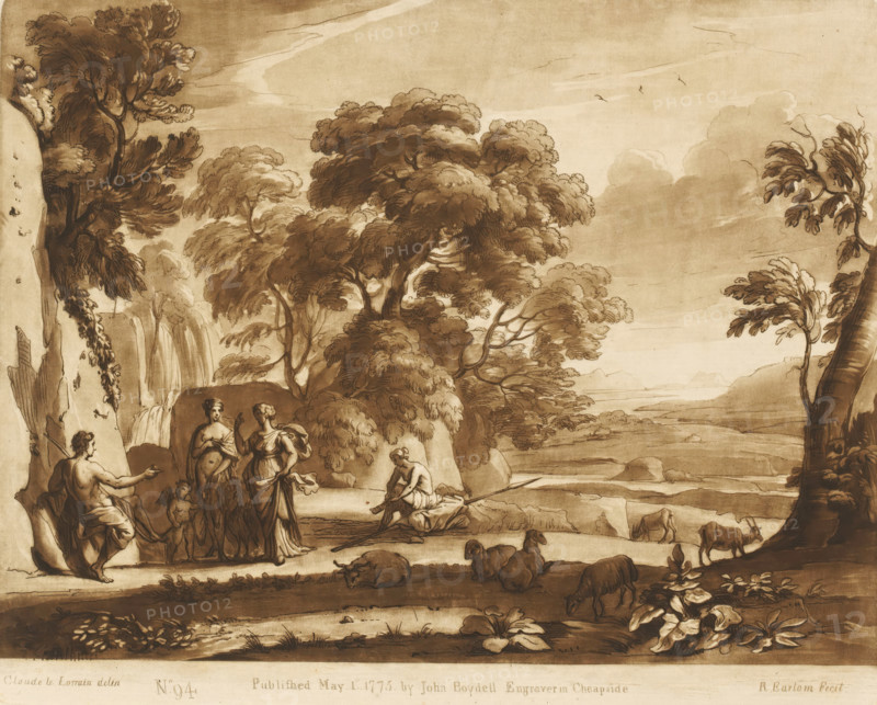 Landscape with the Judgment of Paris, Prints after drawings by Claude Lorrain, Liber Veritatis. Or a Collection of Two Hundred Prints, after the original designs of Claude le Lorrain, print, Series number, 94, 200, printmaker: Richard Earlom, after drawing by Claude Lorrain, publisher: John Boydell, London, 1775-05-01, paper, mezzotint, etching, mezzotint and etching, printed in brown, height 208 mm x width 258 mm, From 1774, John Boydell published two hundred prints after the drawing book Liber Veritatis by Claude Lorrain, in the possession of the Dukes of Cavendish. These prints were published in bundled two volumes starting in 1777., the Judgement of Paris (without Mercury), dale, valley - HH - ideal landscapes, A sepia-toned landscape with large leafy trees and rocky cliffs framing a river or lake that stretches toward distant hills, a waterfall tumbling down a cliff at one side, groups of people gathered on the shore including standing women in draped garments and seated or reclin...