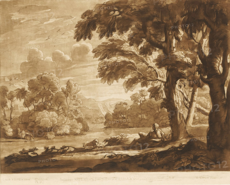 Landscape with John the Baptist lying under a tree on a riverbank, Liber Veritatis. Or a Collection of Two Hundred Prints, after the original designs of Claude le Lorrain, Prints after drawings by Claude Lorrain, print, Series number, 97, 200, printmaker: Richard Earlom, after drawing by Claude Lorrain, publisher: John Boydell, London, 1775-05-01, paper, mezzotint, etching, mezzotint and etching, printed in brown, height 207 mm x width 259 mm, From 1774, John Boydell published two hundred prints after the drawing book Liber Veritatis by Claude Lorrain, in the possession of the Dukes of Cavendish. These prints were published in two volumes from 1777 onwards., John the Baptist, possible attributes: book, reed cross, baptismal cup, honeycomb, lamb, staff, river bank - HH - ideal landscapes, A sepia-toned landscape drawing showing a wide view of trees, clouds, distant hills, and a body of water, with large, leafy trees dominating the right side and middle ground, their trunks and branches ...